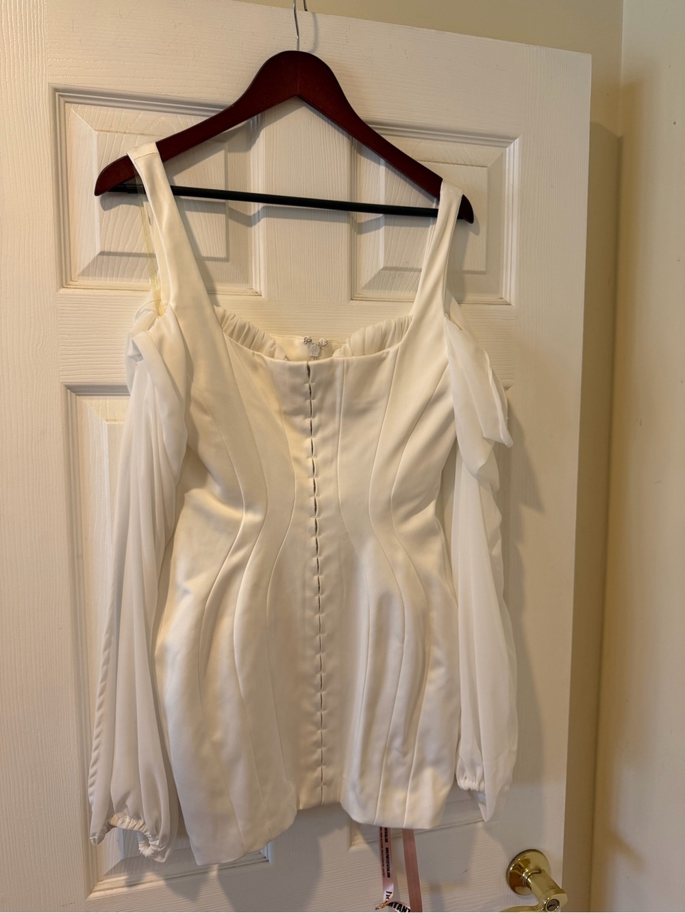 House of CB Ivory Satin Off-Shoulder Corset Camisole with Sheer Sleeves